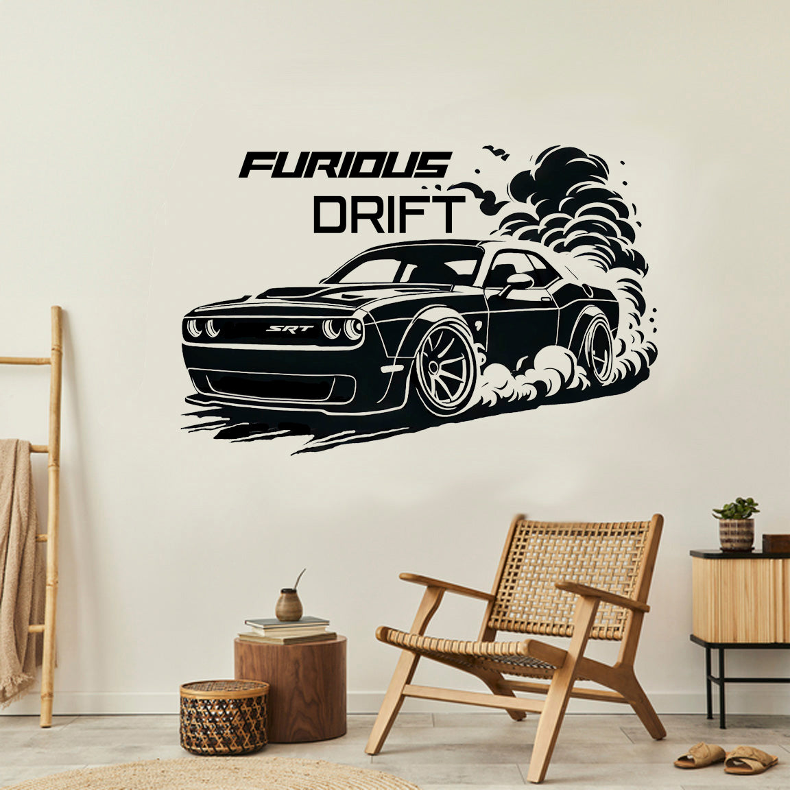 a wall decal of a car driving through a cloud of smoke